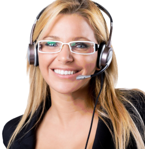 smiling blonde haired woman wearing white framed eye glasses and phone headset with microphone